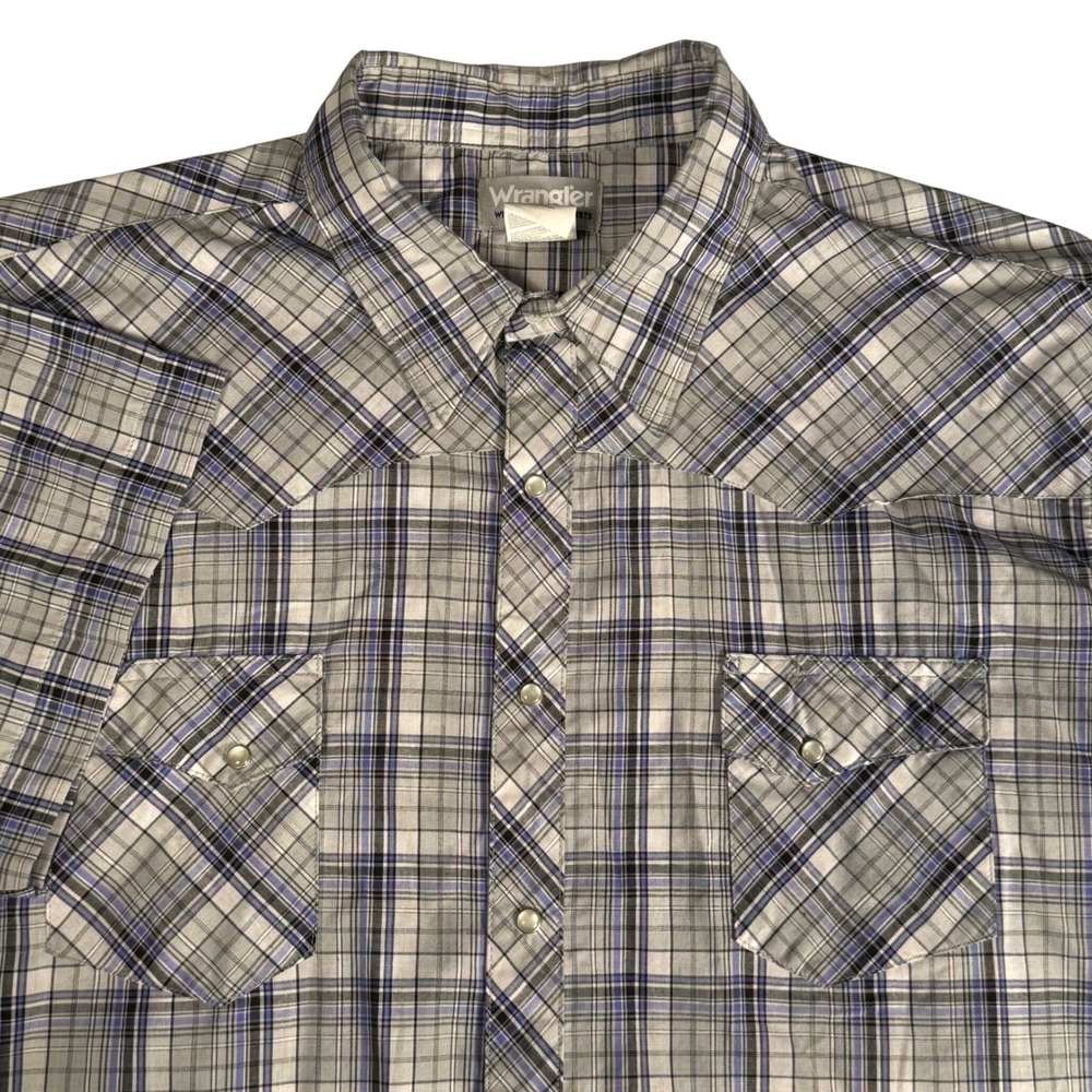 Wrangler Wrancher Mens 3XL Short Sleeve Western Pearl Snap Shirt Blue Gray Plaid